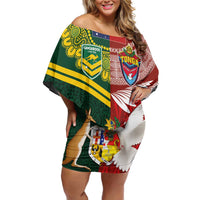 Custom Mate Ma'a Tonga and Australia Kangaroo Family Matching Off Shoulder Short Dress and Hawaiian Shirt Nation Seal with Mascot Aboriginal and Tongan Kupesi Ngatu Art LT03 Mom's Dress Red - Polynesian Pride