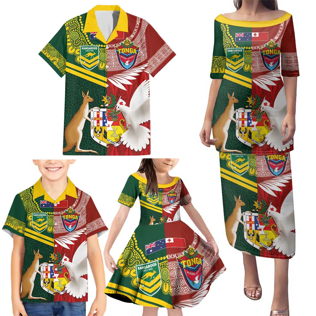 Custom Mate Ma'a Tonga and Australia Kangaroo Family Matching Puletasi and Hawaiian Shirt Nation Seal with Mascot Aboriginal and Tongan Kupesi Ngatu Art LT03 - Polynesian Pride