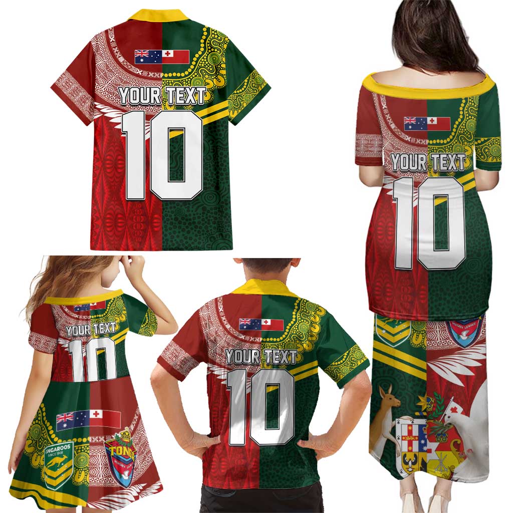 Custom Mate Ma'a Tonga and Australia Kangaroo Family Matching Puletasi and Hawaiian Shirt Nation Seal with Mascot Aboriginal and Tongan Kupesi Ngatu Art LT03 - Polynesian Pride
