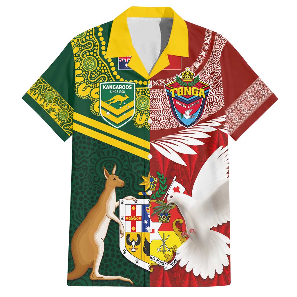 Custom Mate Ma'a Tonga and Australia Kangaroo Family Matching Puletasi and Hawaiian Shirt Nation Seal with Mascot Aboriginal and Tongan Kupesi Ngatu Art LT03 Dad's Shirt - Short Sleeve Red - Polynesian Pride