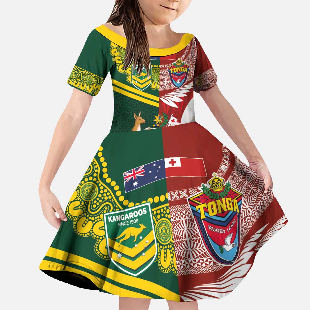 Custom Mate Ma'a Tonga and Australia Kangaroo Family Matching Tank Maxi Dress and Hawaiian Shirt Nation Seal with Mascot Aboriginal and Tongan Kupesi Ngatu Art LT03 Daughter's Dress Red - Polynesian Pride