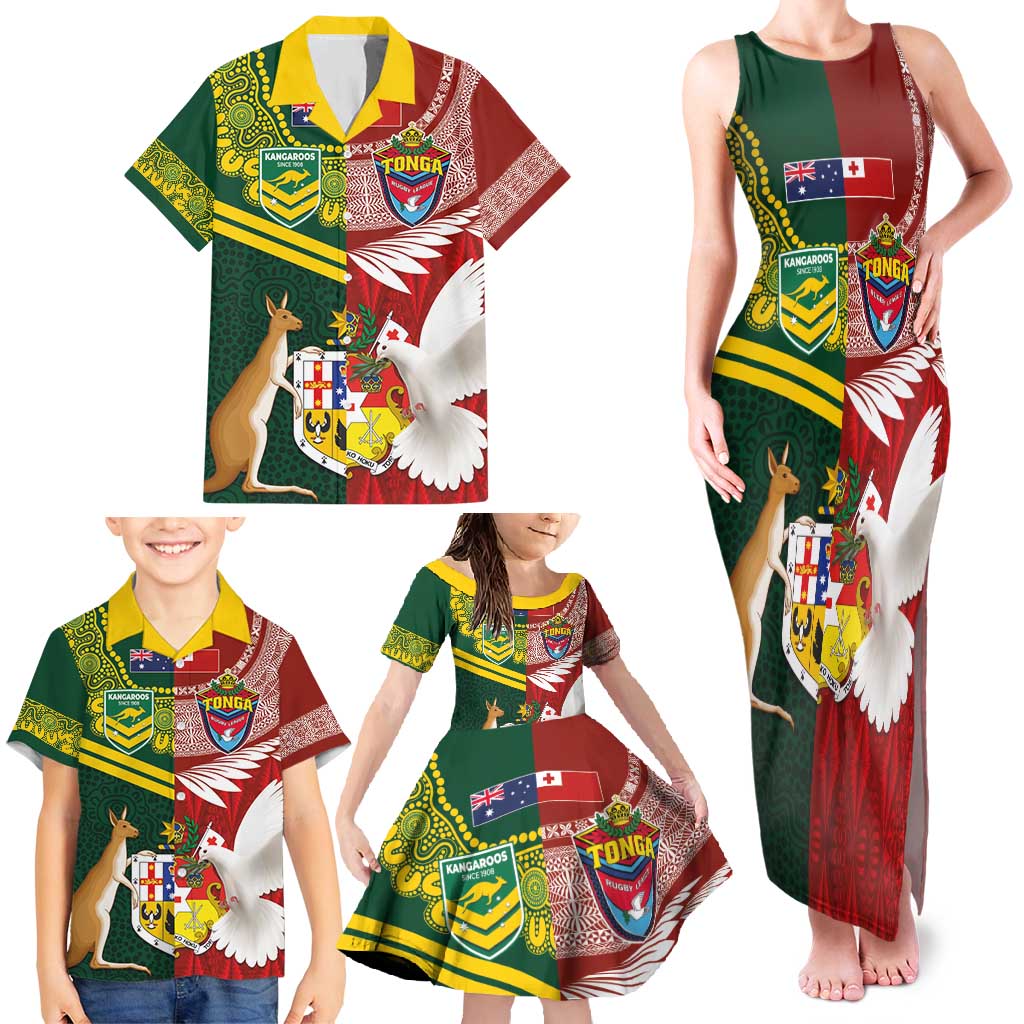 Custom Mate Ma'a Tonga and Australia Kangaroo Family Matching Tank Maxi Dress and Hawaiian Shirt Nation Seal with Mascot Aboriginal and Tongan Kupesi Ngatu Art LT03 - Polynesian Pride