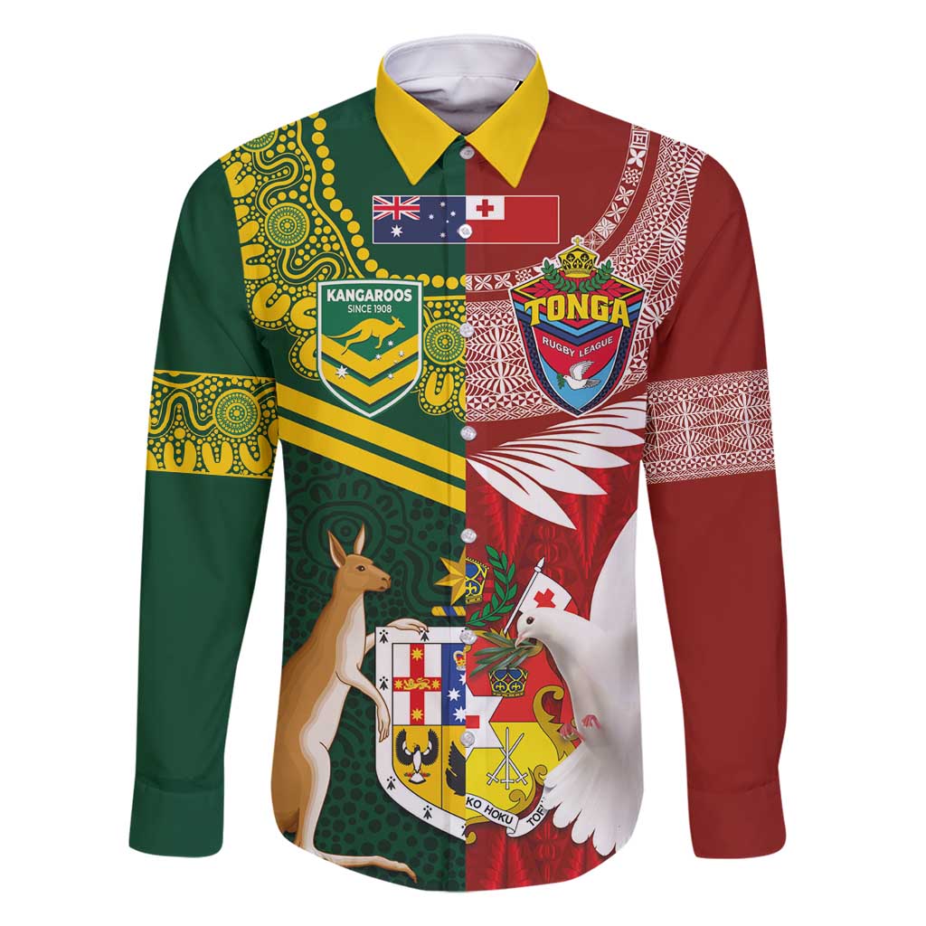 Custom Mate Ma'a Tonga and Australia Kangaroo Family Matching Tank Maxi Dress and Hawaiian Shirt Nation Seal with Mascot Aboriginal and Tongan Kupesi Ngatu Art LT03 Dad's Shirt - Long Sleeve Red - Polynesian Pride