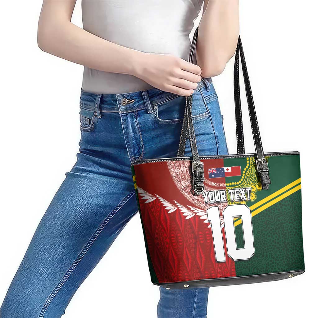Custom Mate Ma'a Tonga and Australia Kangaroo Leather Tote Bag Nation Seal with Mascot Aboriginal and Tongan Kupesi Ngatu Art