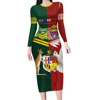 Custom Mate Ma'a Tonga and Australia Kangaroo Long Sleeve Bodycon Dress Nation Seal with Mascot Aboriginal and Tongan Kupesi Ngatu Art LT03 Long Dress Red - Polynesian Pride