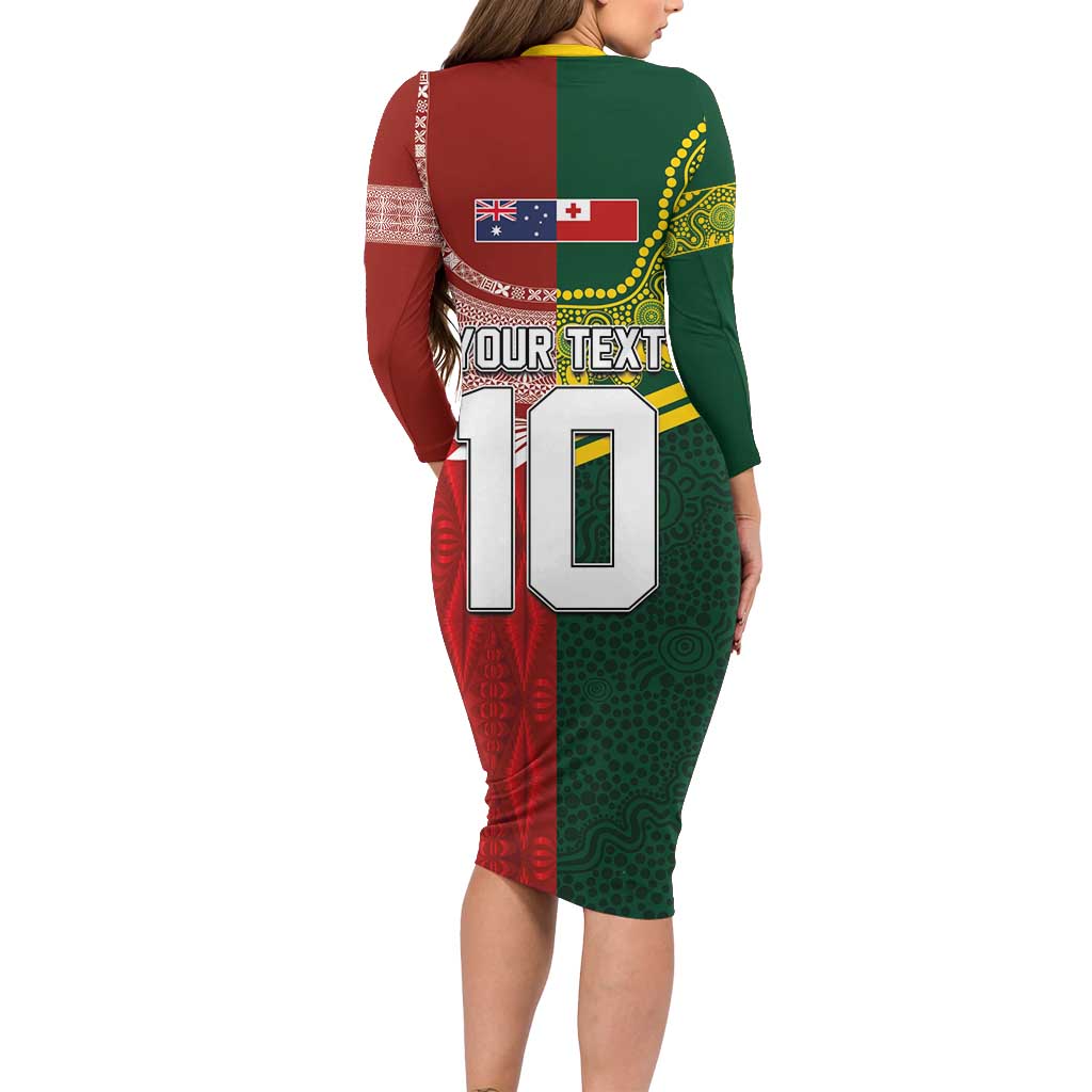 Custom Mate Ma'a Tonga and Australia Kangaroo Long Sleeve Bodycon Dress Nation Seal with Mascot Aboriginal and Tongan Kupesi Ngatu Art LT03 - Polynesian Pride