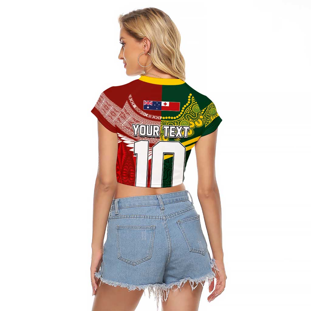 Custom Mate Ma'a Tonga and Australia Kangaroo Raglan Cropped T Shirt Nation Seal with Mascot Aboriginal and Tongan Kupesi Ngatu Art