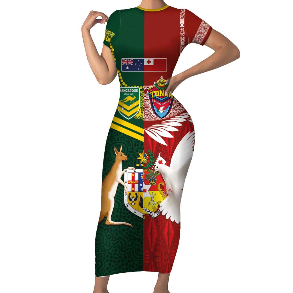 Custom Mate Ma'a Tonga and Australia Kangaroo Short Sleeve Bodycon Dress Nation Seal with Mascot Aboriginal and Tongan Kupesi Ngatu Art LT03 Long Dress Red - Polynesian Pride