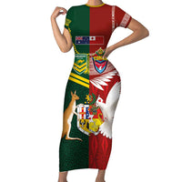 Custom Mate Ma'a Tonga and Australia Kangaroo Short Sleeve Bodycon Dress Nation Seal with Mascot Aboriginal and Tongan Kupesi Ngatu Art LT03 Long Dress Red - Polynesian Pride