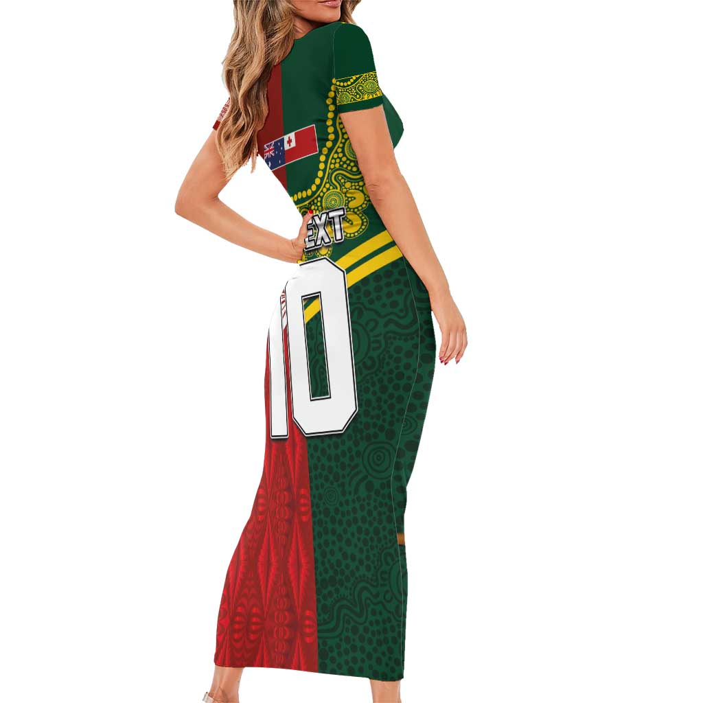 Custom Mate Ma'a Tonga and Australia Kangaroo Short Sleeve Bodycon Dress Nation Seal with Mascot Aboriginal and Tongan Kupesi Ngatu Art LT03 - Polynesian Pride