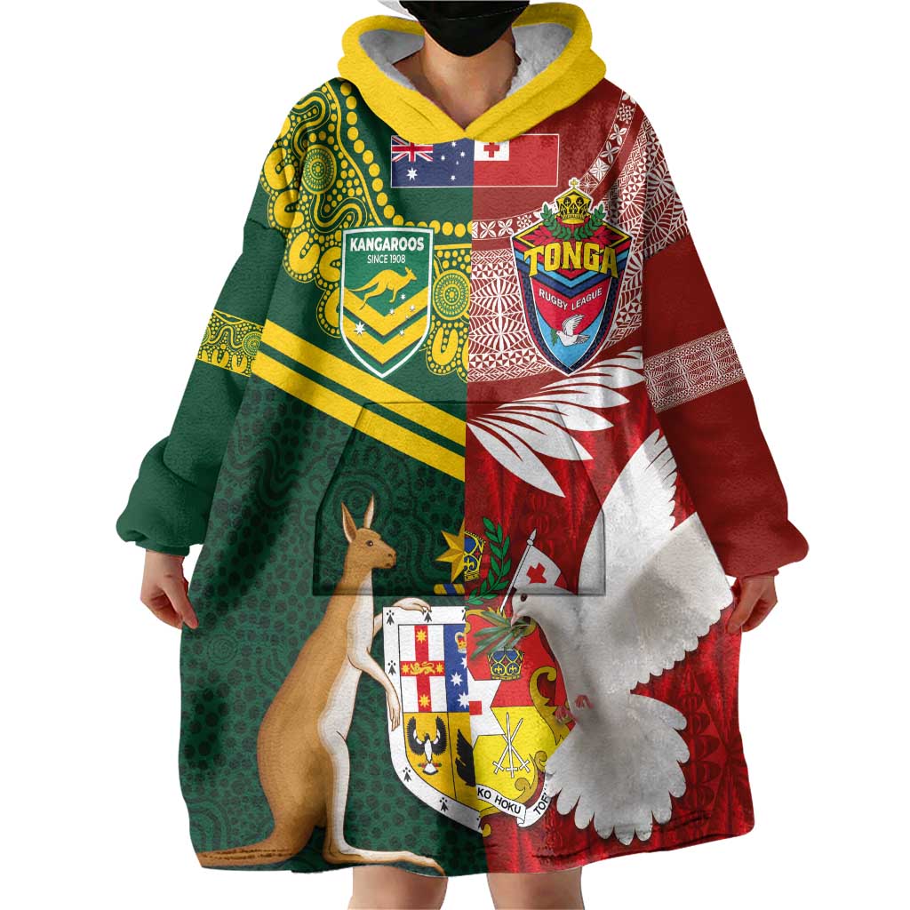Custom Mate Ma'a Tonga and Australia Kangaroo Wearable Blanket Hoodie Nation Seal with Mascot Aboriginal and Tongan Kupesi Ngatu Art LT03 - Polynesian Pride