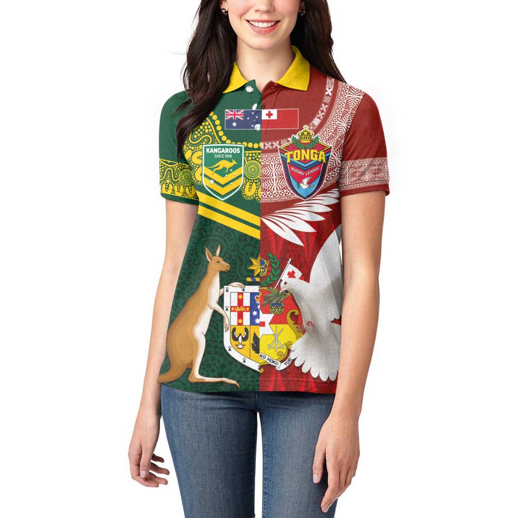 Mate Ma'a Tonga and Australia Kangaroo Women Polo Shirt - Nation Seal Kupesi Ngatu Aboriginal Art LT03 - Polynesian Pride