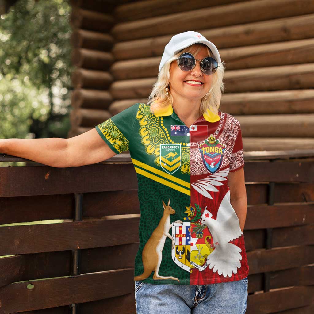 Mate Ma'a Tonga and Australia Kangaroo Women Polo Shirt - Nation Seal Kupesi Ngatu Aboriginal Art LT03 - Polynesian Pride
