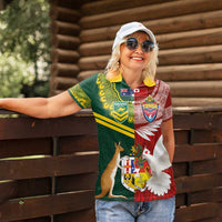 Mate Ma'a Tonga and Australia Kangaroo Women Polo Shirt - Nation Seal Kupesi Ngatu Aboriginal Art LT03 - Polynesian Pride