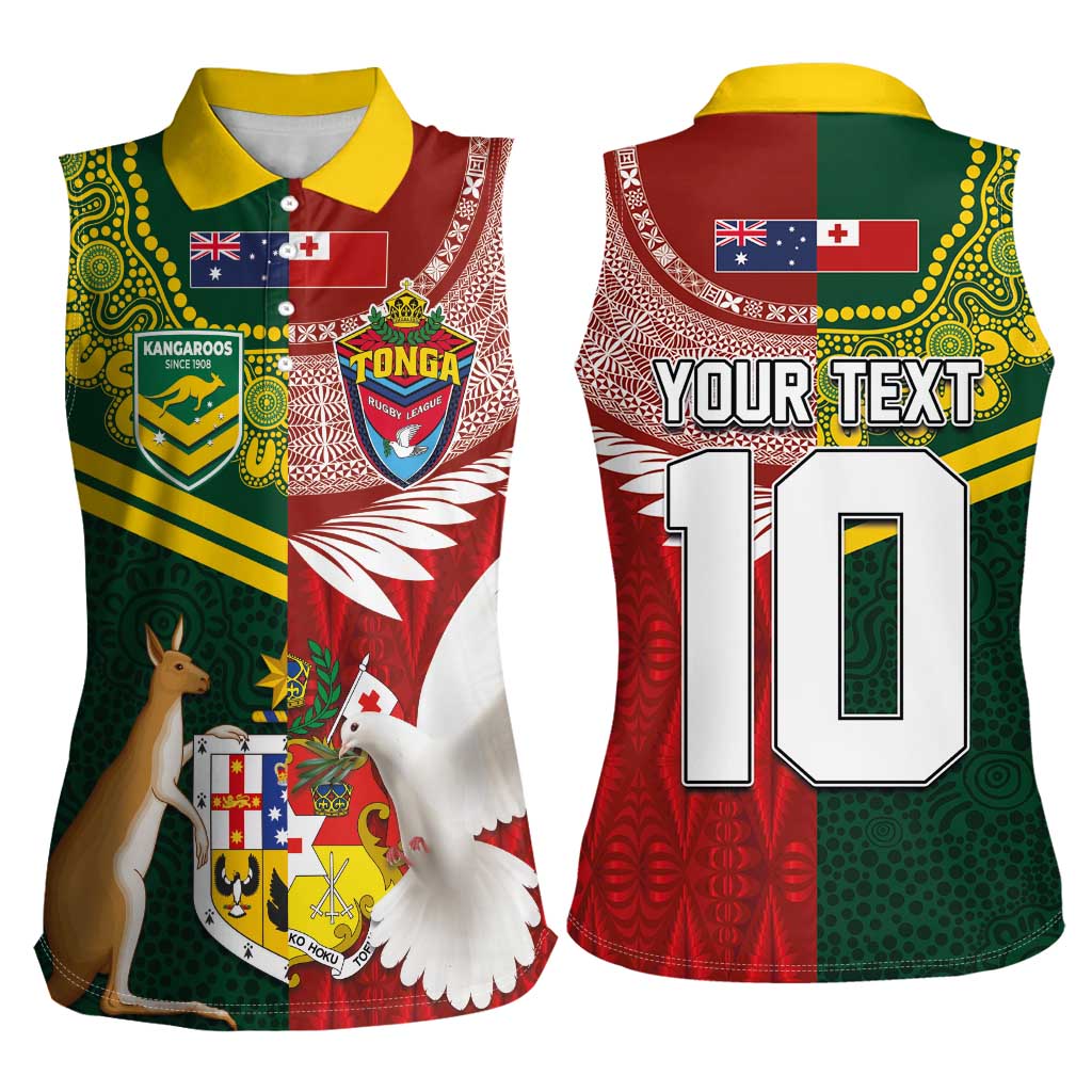 Custom Mate Ma'a Tonga and Australia Kangaroo Women Sleeveless Polo Shirt Nation Seal with Mascot Aboriginal and Tongan Kupesi Ngatu Art