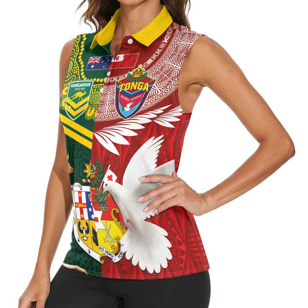 Custom Mate Ma'a Tonga and Australia Kangaroo Women Sleeveless Polo Shirt Nation Seal with Mascot Aboriginal and Tongan Kupesi Ngatu Art