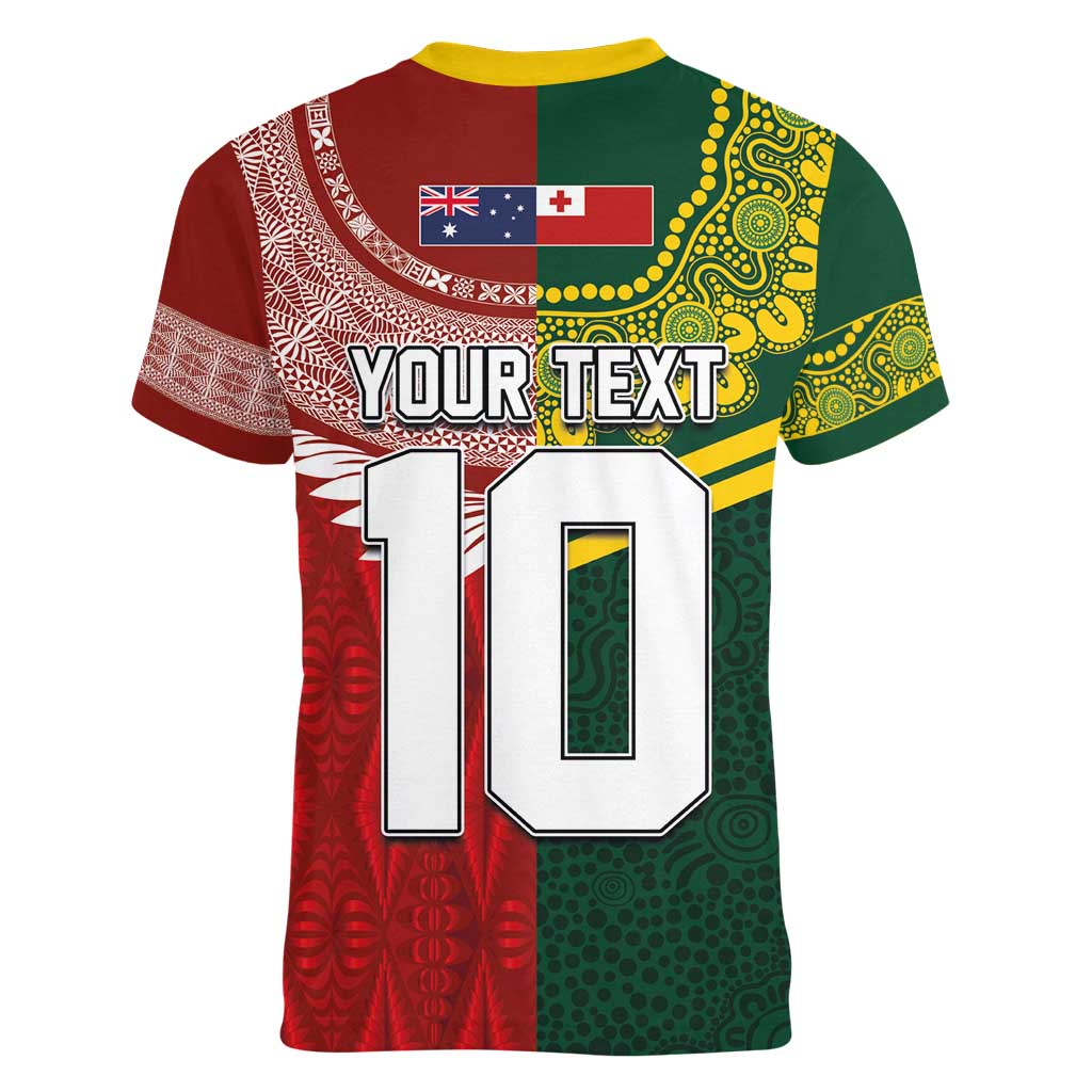 Custom Mate Ma'a Tonga and Australia Kangaroo Women V-Neck T-Shirt Nation Seal with Mascot Aboriginal and Tongan Kupesi Ngatu Art LT03 - Polynesian Pride