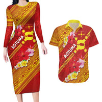 Rotuma Island Couples Matching Long Sleeve Bodycon Dress and Hawaiian Shirt Fijian Tapa with Polynesian Art and Hibiscus LT03 Red - Polynesian Pride