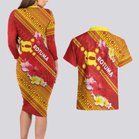 Rotuma Island Couples Matching Long Sleeve Bodycon Dress and Hawaiian Shirt Fijian Tapa with Polynesian Art and Hibiscus LT03 - Polynesian Pride