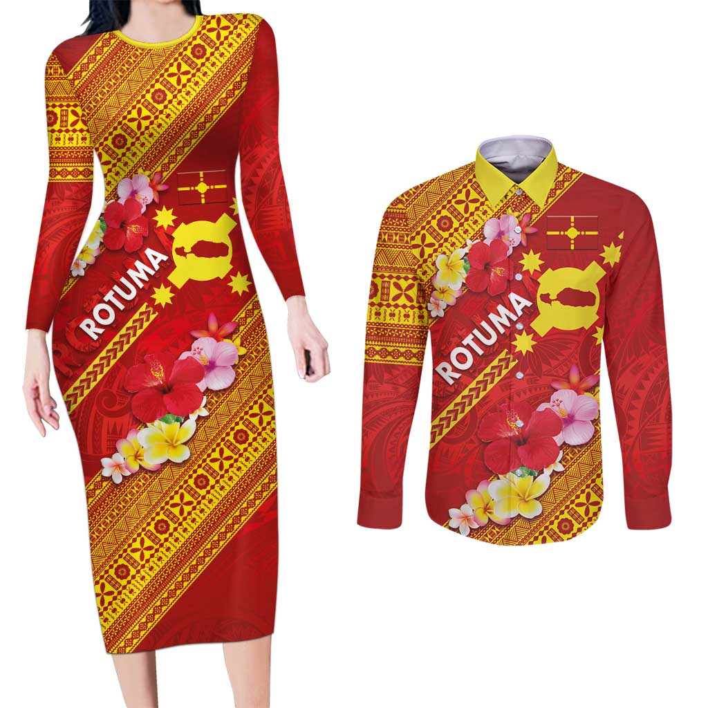 Rotuma Island Couples Matching Long Sleeve Bodycon Dress and Long Sleeve Button Shirt Fijian Tapa with Polynesian Art and Hibiscus LT03 Red - Polynesian Pride