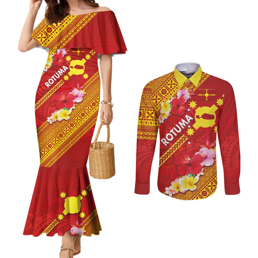 Rotuma Island Couples Matching Mermaid Dress and Long Sleeve Button Shirt Fijian Tapa with Polynesian Art and Hibiscus LT03 Red - Polynesian Pride