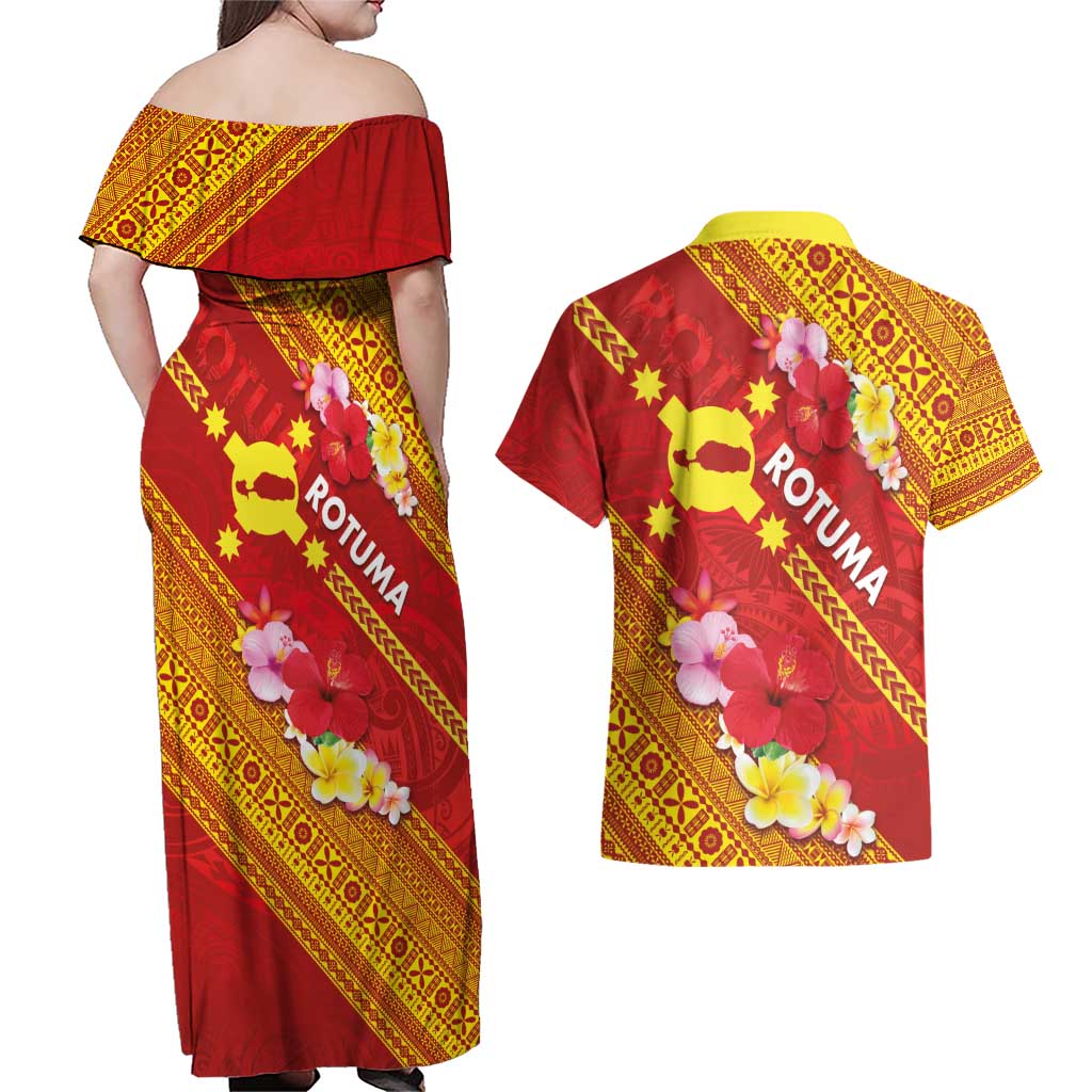 Rotuma Island Couples Matching Off Shoulder Maxi Dress and Hawaiian Shirt Fijian Tapa with Polynesian Art and Hibiscus LT03 - Polynesian Pride