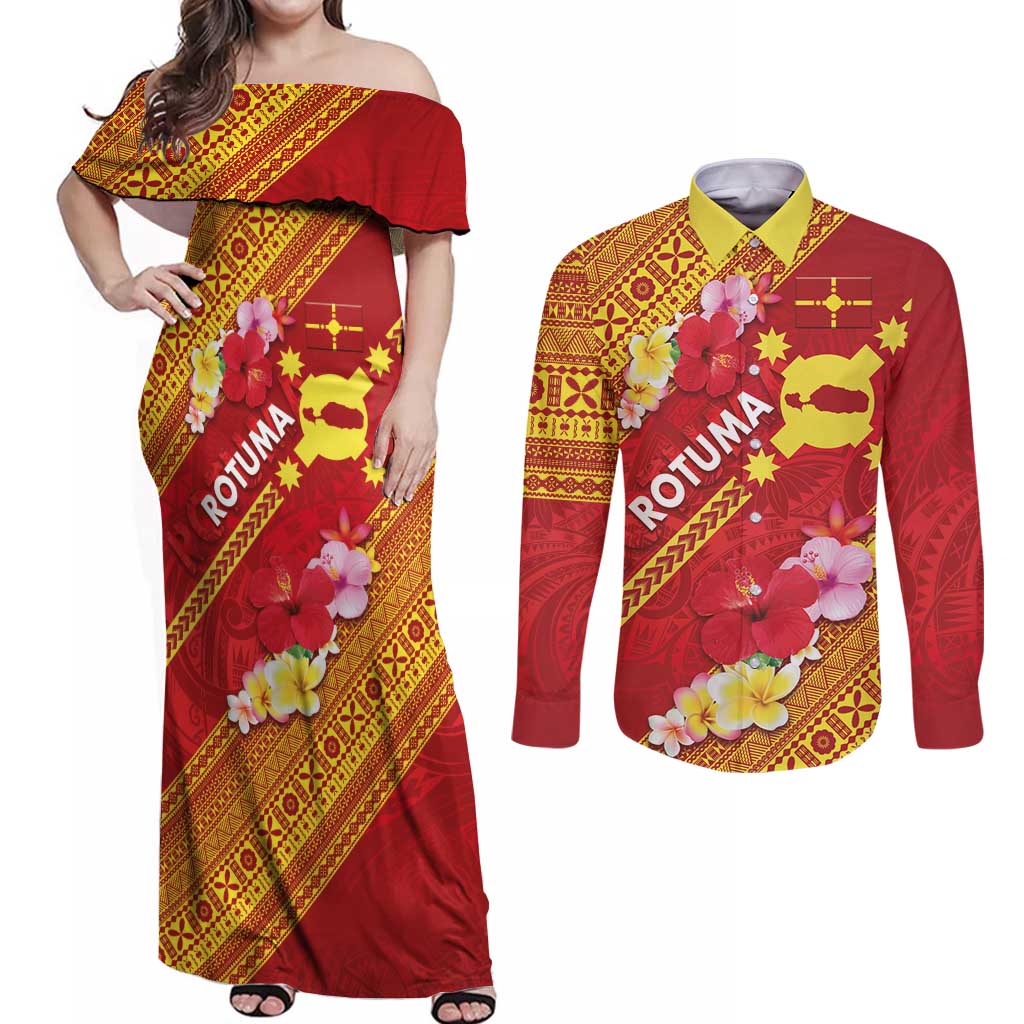 Rotuma Island Couples Matching Off Shoulder Maxi Dress and Long Sleeve Button Shirt Fijian Tapa with Polynesian Art and Hibiscus LT03 Red - Polynesian Pride