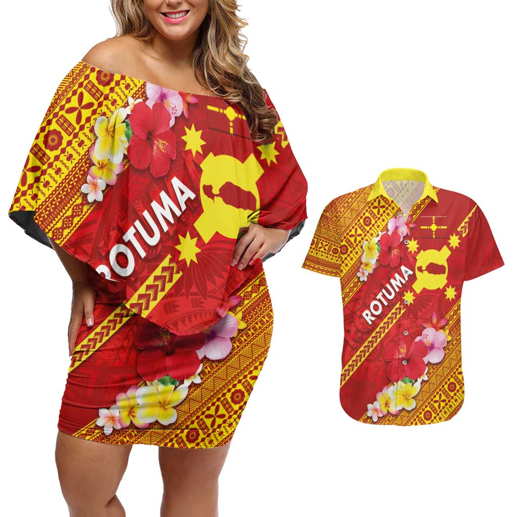 Rotuma Island Couples Matching Off Shoulder Short Dress and Hawaiian Shirt Fijian Tapa with Polynesian Art and Hibiscus