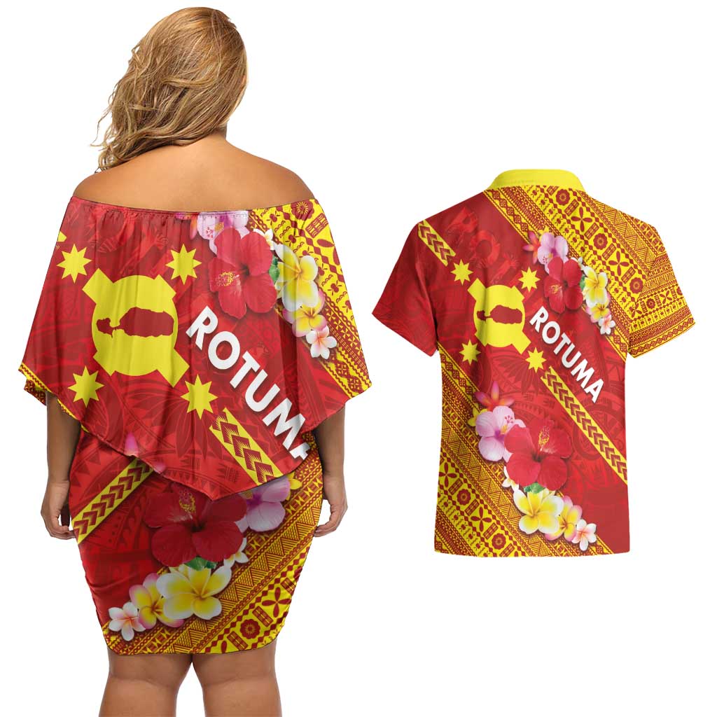 Rotuma Island Couples Matching Off Shoulder Short Dress and Hawaiian Shirt Fijian Tapa with Polynesian Art and Hibiscus LT03 - Polynesian Pride