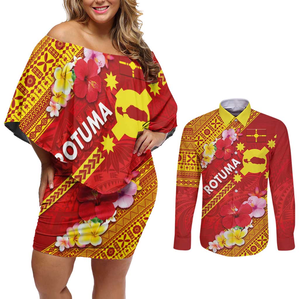 Rotuma Island Couples Matching Off Shoulder Short Dress and Long Sleeve Button Shirt Fijian Tapa with Polynesian Art and Hibiscus
