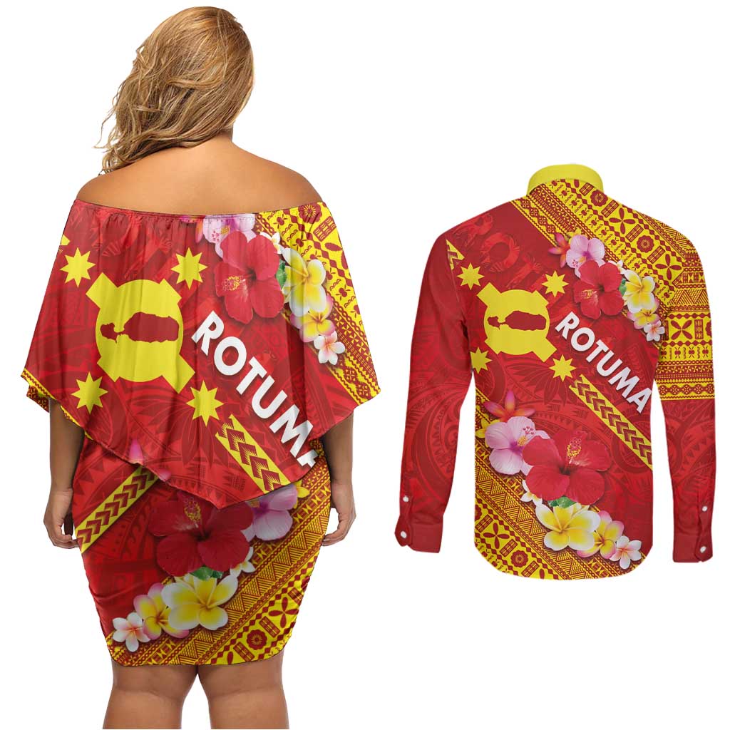 Rotuma Island Couples Matching Off Shoulder Short Dress and Long Sleeve Button Shirt Fijian Tapa with Polynesian Art and Hibiscus LT03 - Polynesian Pride