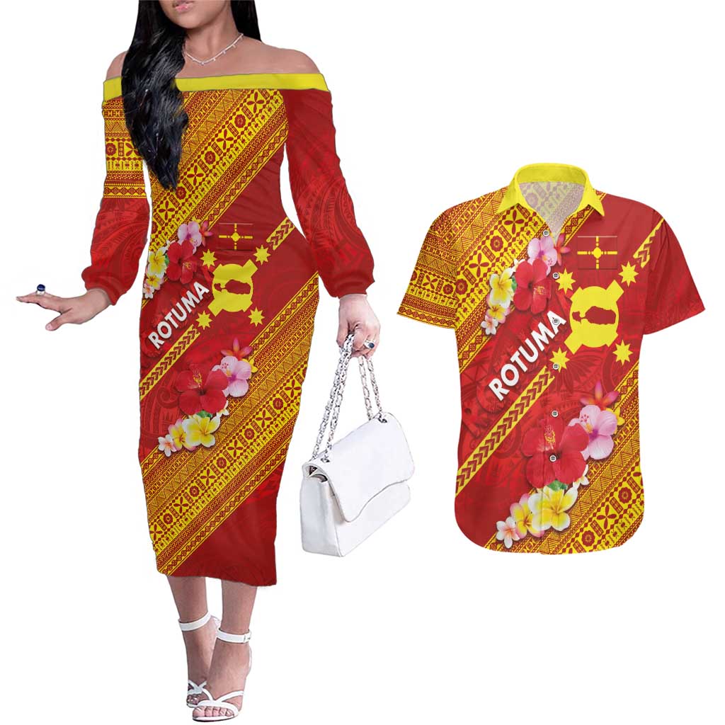 Rotuma Island Couples Matching Off The Shoulder Long Sleeve Dress and Hawaiian Shirt Fijian Tapa with Polynesian Art and Hibiscus LT03 Red - Polynesian Pride