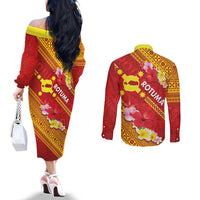 Rotuma Island Couples Matching Off The Shoulder Long Sleeve Dress and Long Sleeve Button Shirt Fijian Tapa with Polynesian Art and Hibiscus LT03 - Polynesian Pride