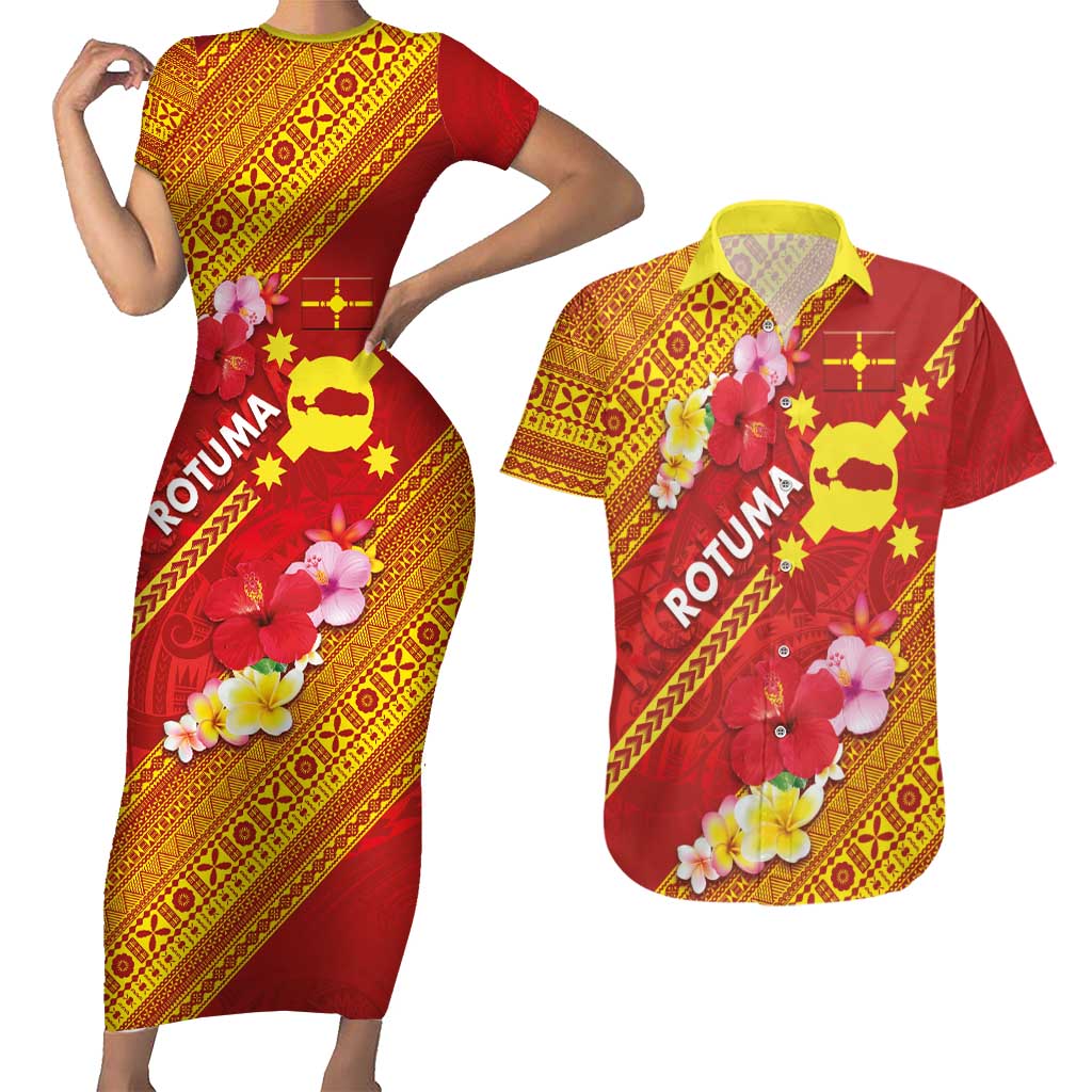 Rotuma Island Couples Matching Short Sleeve Bodycon Dress and Hawaiian Shirt Fijian Tapa with Polynesian Art and Hibiscus LT03 Red - Polynesian Pride