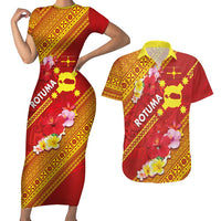 Rotuma Island Couples Matching Short Sleeve Bodycon Dress and Hawaiian Shirt Fijian Tapa with Polynesian Art and Hibiscus LT03 Red - Polynesian Pride