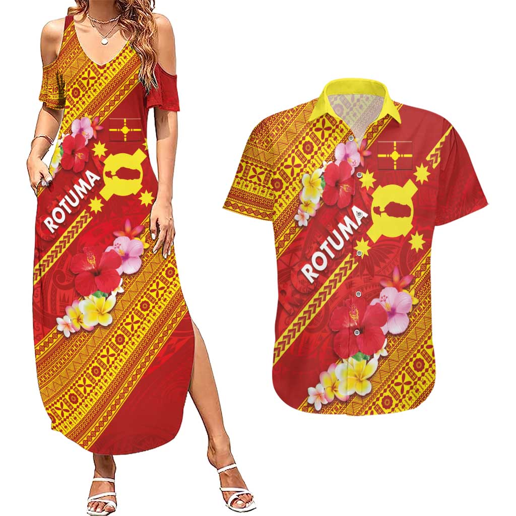 Rotuma Island Couples Matching Summer Maxi Dress and Hawaiian Shirt Fijian Tapa with Polynesian Art and Hibiscus LT03 Red - Polynesian Pride