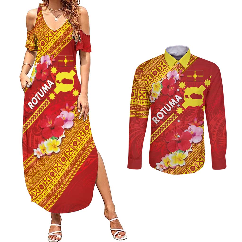 Rotuma Island Couples Matching Summer Maxi Dress and Long Sleeve Button Shirt Fijian Tapa with Polynesian Art and Hibiscus