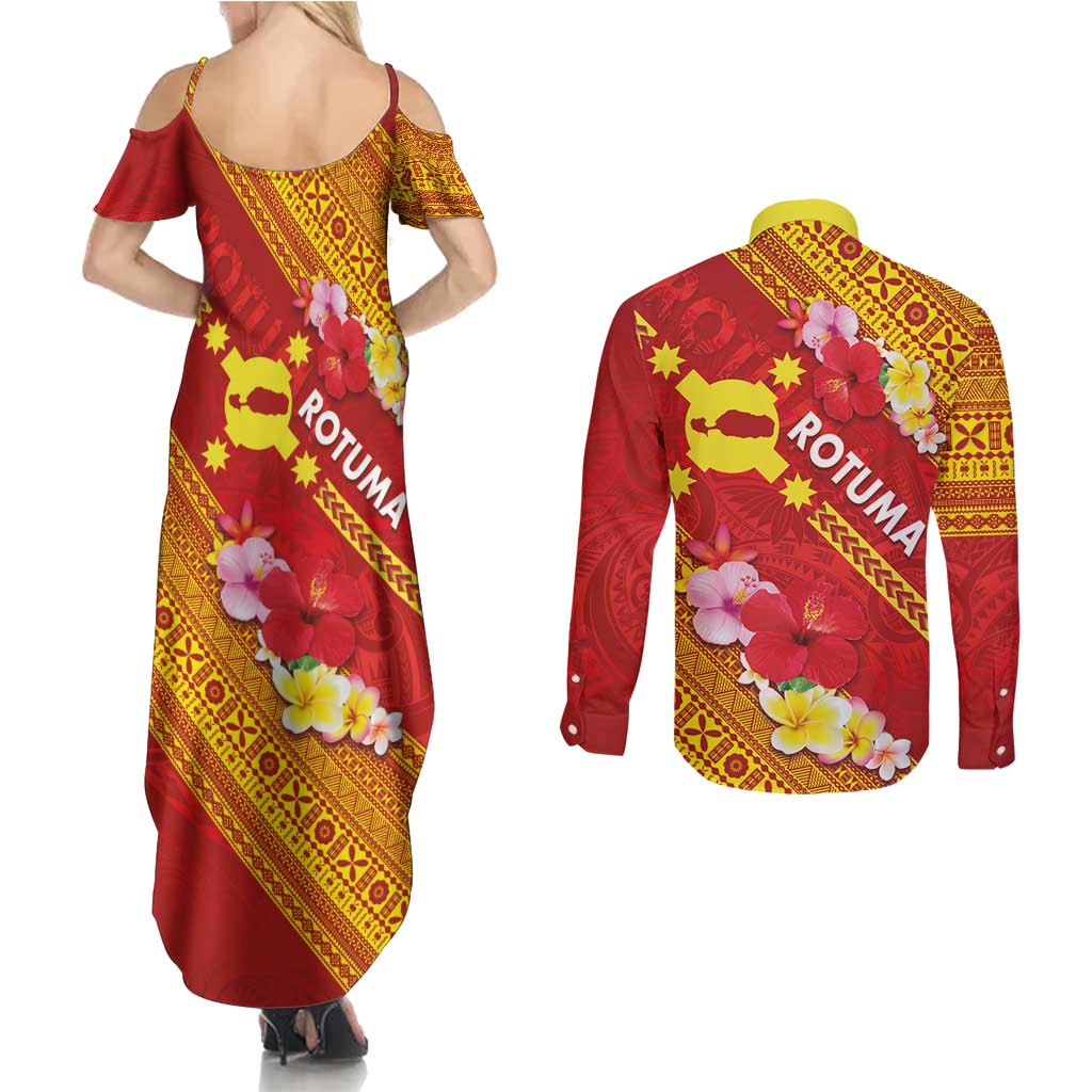 Rotuma Island Couples Matching Summer Maxi Dress and Long Sleeve Button Shirt Fijian Tapa with Polynesian Art and Hibiscus LT03 - Polynesian Pride