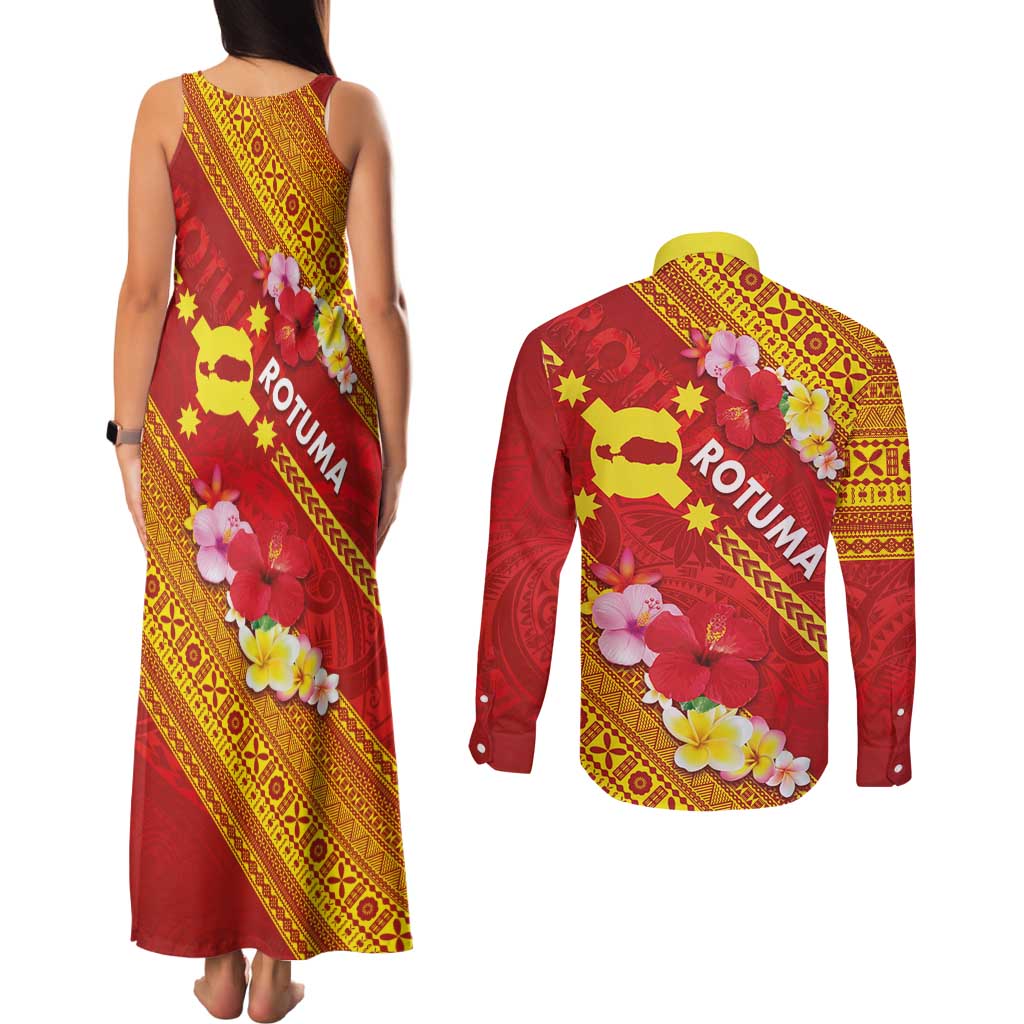 Rotuma Island Couples Matching Tank Maxi Dress and Long Sleeve Button Shirt Fijian Tapa with Polynesian Art and Hibiscus LT03 - Polynesian Pride