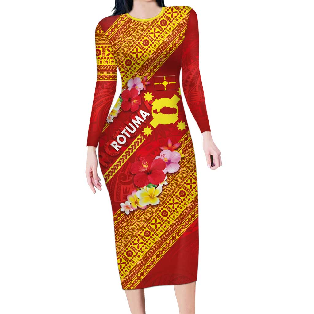 Rotuma Island Family Matching Long Sleeve Bodycon Dress and Hawaiian Shirt Fijian Tapa with Polynesian Art and Hibiscus LT03 Mom's Dress Red - Polynesian Pride