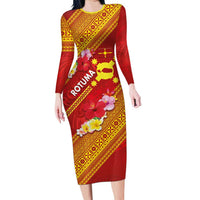 Rotuma Island Family Matching Long Sleeve Bodycon Dress and Hawaiian Shirt Fijian Tapa with Polynesian Art and Hibiscus LT03 Mom's Dress Red - Polynesian Pride