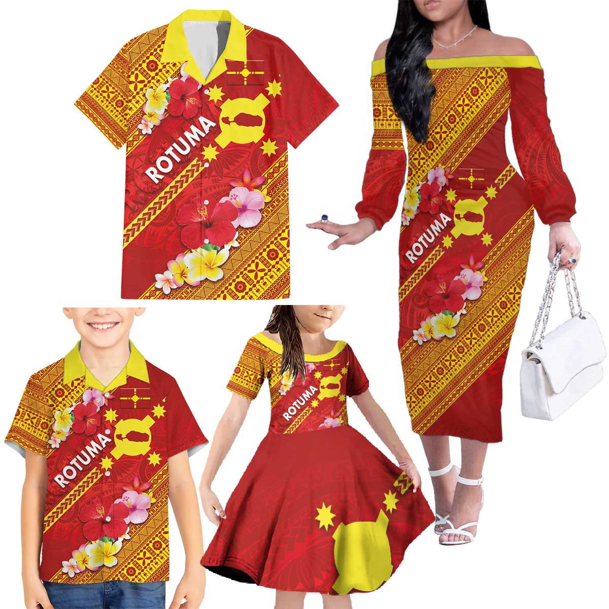 Rotuma Island Family Matching Off The Shoulder Long Sleeve Dress and Hawaiian Shirt Fijian Tapa with Polynesian Art and Hibiscus LT03 - Polynesian Pride