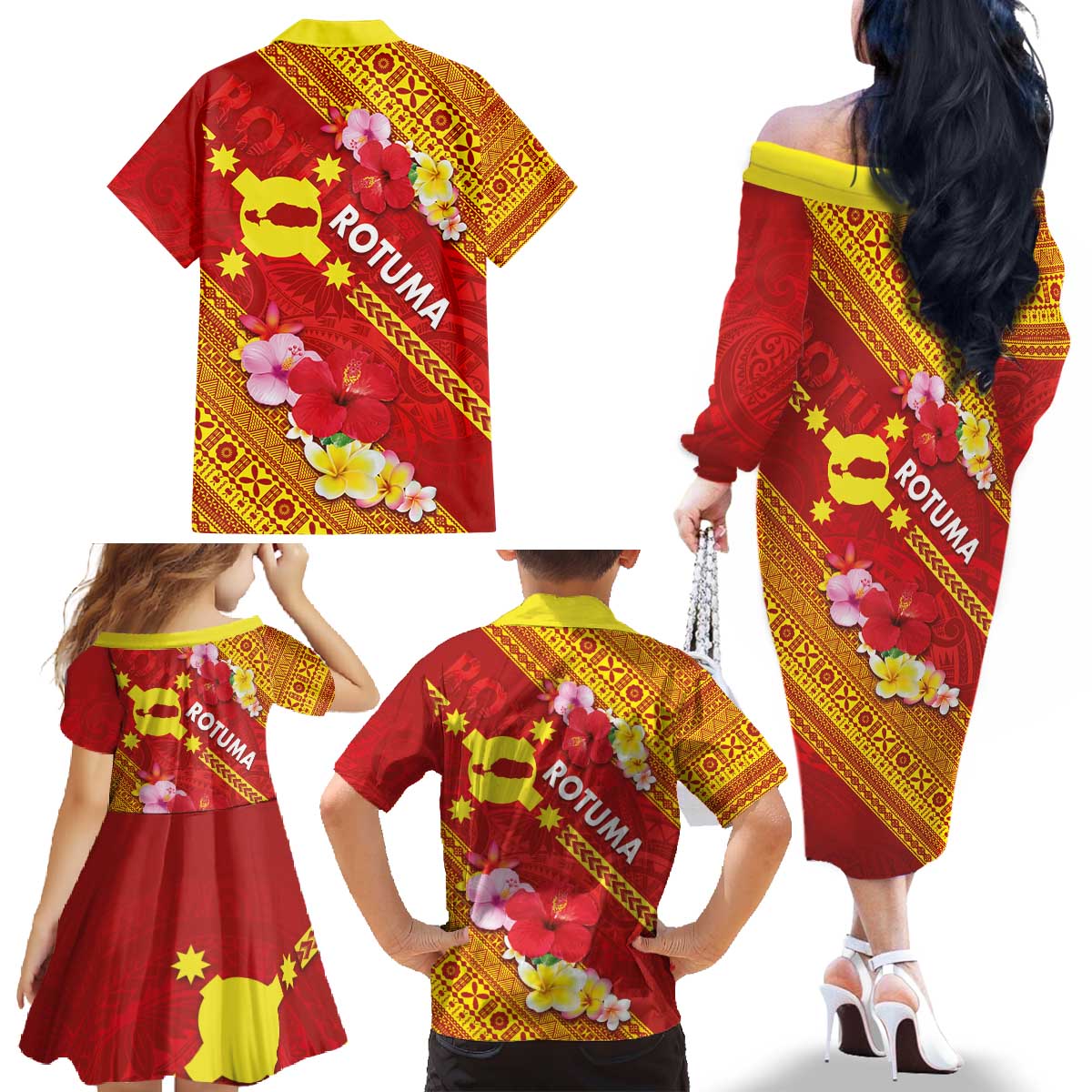 Rotuma Island Family Matching Off The Shoulder Long Sleeve Dress and Hawaiian Shirt Fijian Tapa with Polynesian Art and Hibiscus LT03 - Polynesian Pride