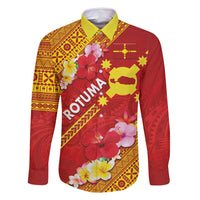 Rotuma Island Family Matching Off Shoulder Maxi Dress and Hawaiian Shirt Fijian Tapa with Polynesian Art and Hibiscus LT03 Dad's Shirt - Long Sleeve Red - Polynesian Pride