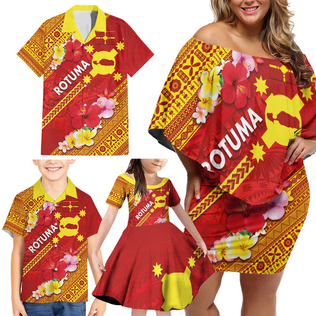 Rotuma Island Family Matching Off Shoulder Short Dress and Hawaiian Shirt Fijian Tapa with Polynesian Art and Hibiscus
