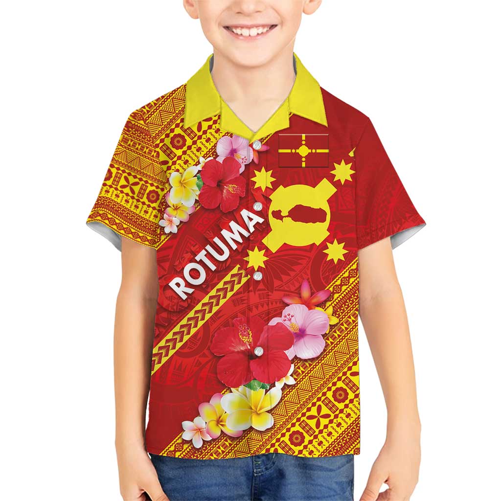 Rotuma Island Family Matching Off Shoulder Short Dress and Hawaiian Shirt Fijian Tapa with Polynesian Art and Hibiscus LT03 Son's Shirt Red - Polynesian Pride