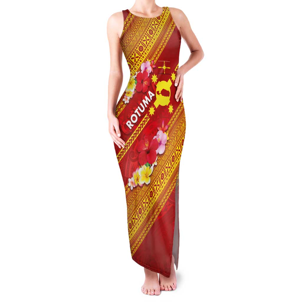 Rotuma Island Family Matching Tank Maxi Dress and Hawaiian Shirt Fijian Tapa with Polynesian Art and Hibiscus LT03 Mom's Dress Red - Polynesian Pride