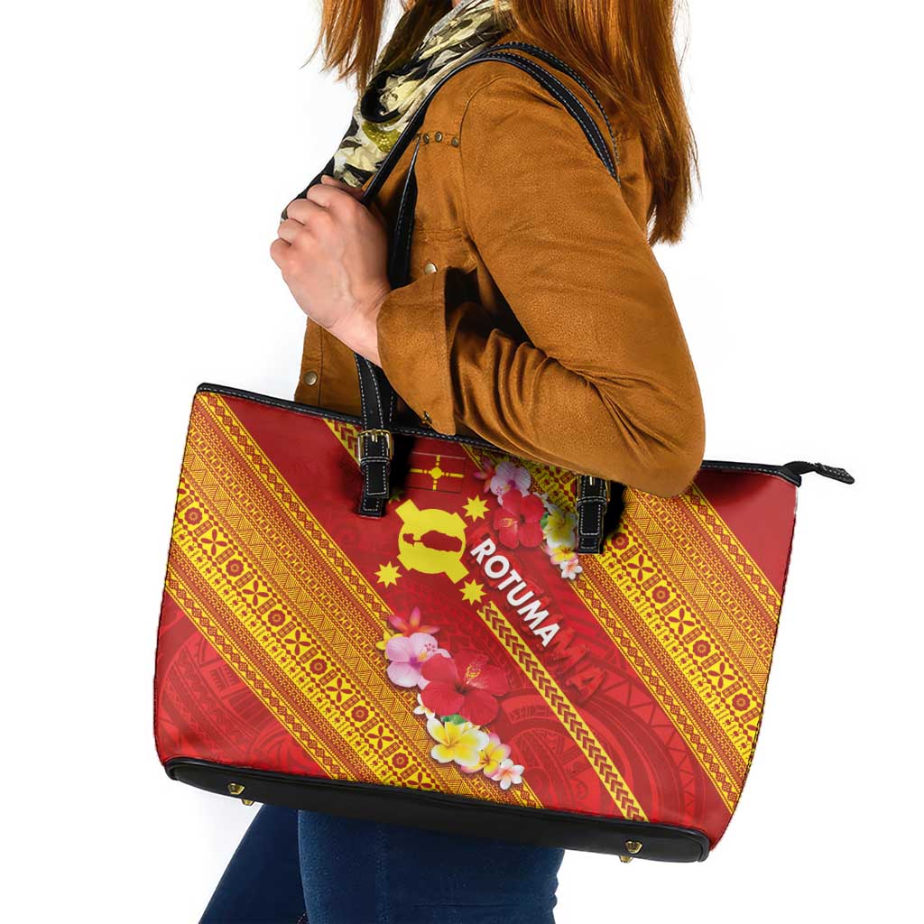 Rotuma Island Leather Tote Bag Fijian Tapa with Polynesian Art and Hibiscus