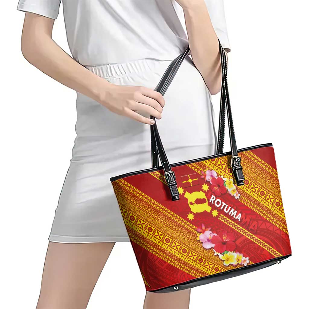 Rotuma Island Leather Tote Bag Fijian Tapa with Polynesian Art and Hibiscus