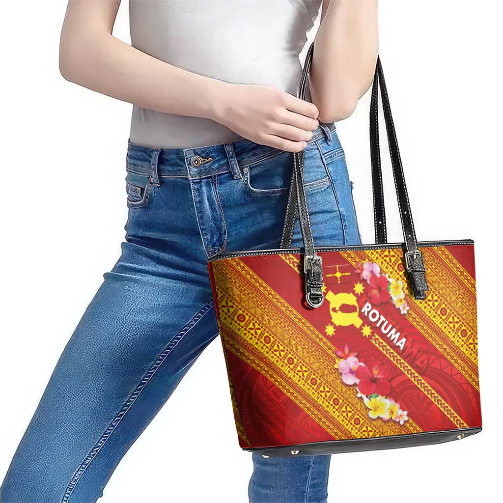 Rotuma Island Leather Tote Bag Fijian Tapa with Polynesian Art and Hibiscus